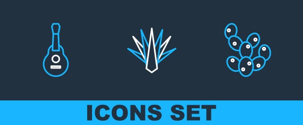 设置线仙人掌墨西哥吉他和龙舌兰图标图片下载