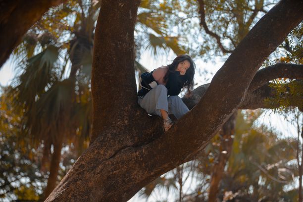 美丽的照片，一个亚洲女性坐在树枝上，看着相机在一个阳光灿烂的日子图片下载