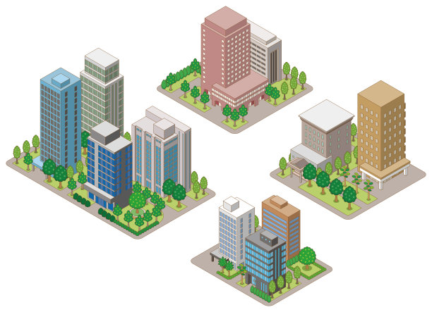 建筑物的三维插图。城市的观点。图片下载