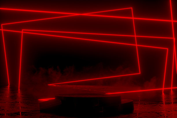 空的产品平台，平台在暗室与红色紫外线氖激光发光线图片下载
