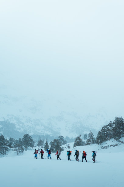 人们在白雪覆盖的大自然中徒步旅行的照片图片下载