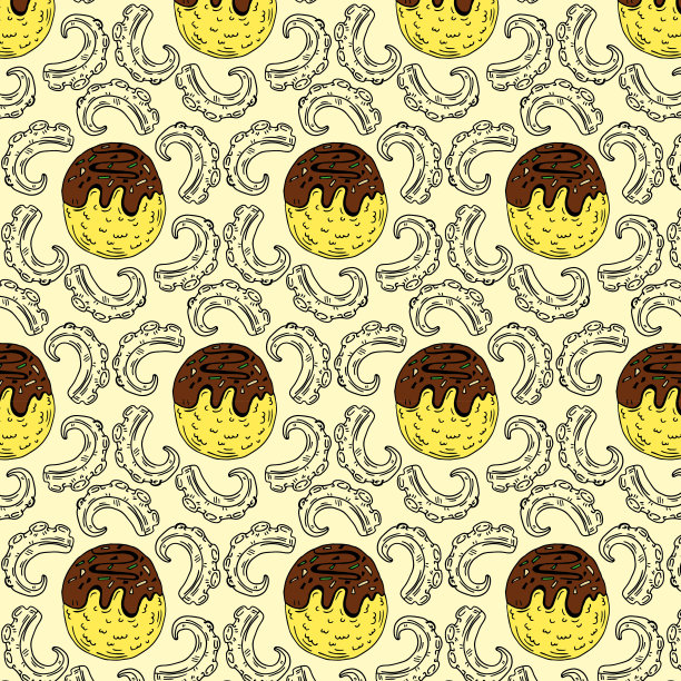 章鱼烧日本便当盒饭无缝的矢量图案。手绘东方章鱼球。到处都是适合旅行的可爱海鲜街头小吃。亚洲食谱背景。图片下载