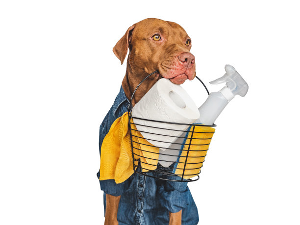 可爱，漂亮的小狗，有清洁剂和刷子图片下载