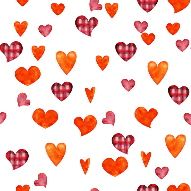 水彩手绘无缝图案的红色，橙色和格纹心形情人节。孤立的白色背景。设计纸张，爱情，贺卡，纺织，印刷，墙纸，婚礼图片下载