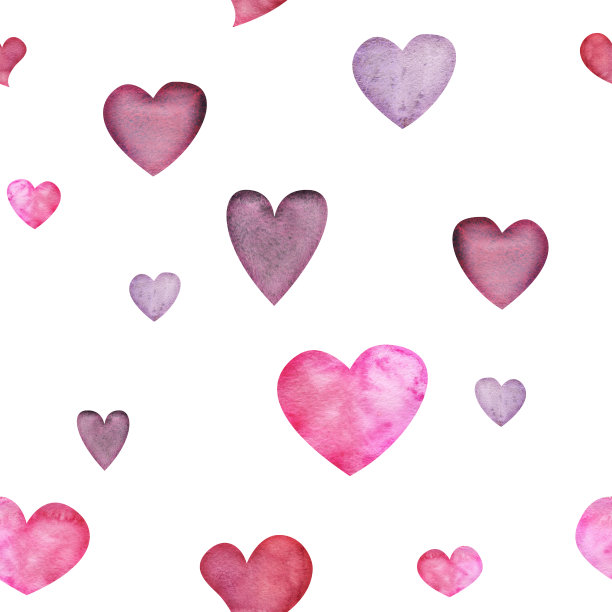 水彩手绘无缝图案的红色和紫色的心为情人节。孤立的白色背景。设计纸张，爱情，贺卡，纺织，印刷，墙纸，婚礼图片下载