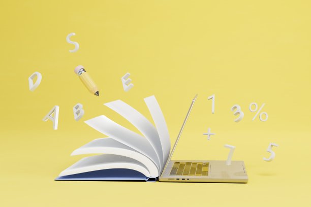 在线学习。一本打开的书和一台笔记本电脑，黄色的背景上字母和数字在书的周围飞舞。三维渲染图片下载