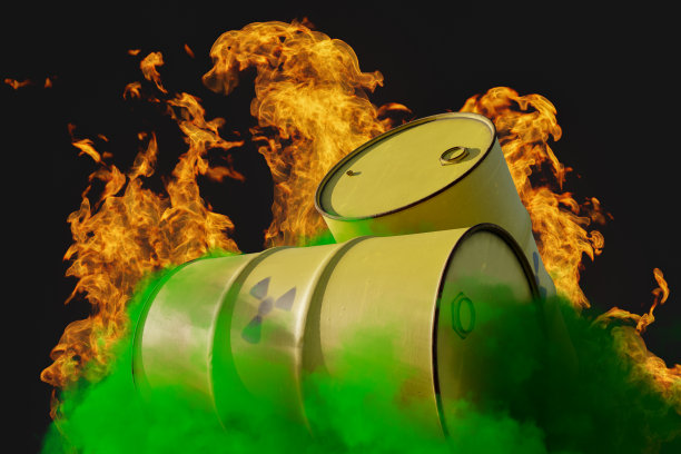 在燃烧的火焰背景下，装有放射性废料的桶里冒出阵阵绿色有毒蒸汽，作为对自然造成不可挽回的破坏的概念。三维渲染图片下载