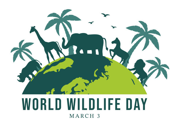 3月3日为世界野生动物日，以平面卡通手绘模板插画提高动物意识，在森林中种植和保护它们的栖息地图片下载