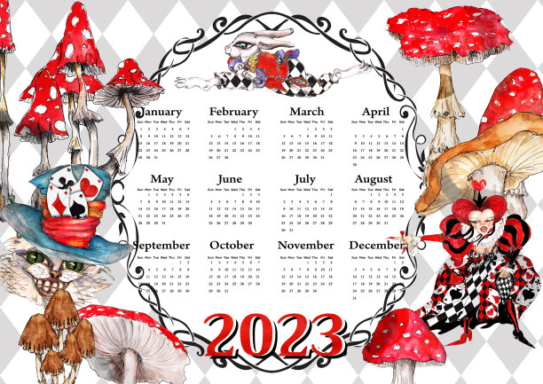 2023年的爱丽丝梦游仙境日历上有白兔的标志图片下载
