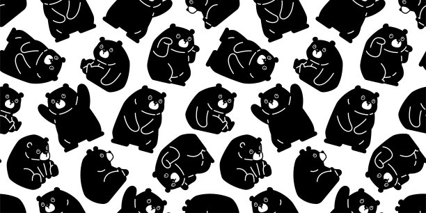 小熊无缝图案极地泰迪矢量坐卡通瓷砖背景重复墙纸礼物包装纸插图涂鸦宠物设计黑色围巾孤立图片下载