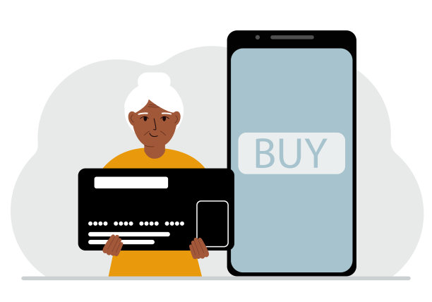 一名女子拿着一张巨大的信用卡，旁边的智能手机屏幕上有一个购买按钮。通过手机支付的在线支付的概念。图片下载