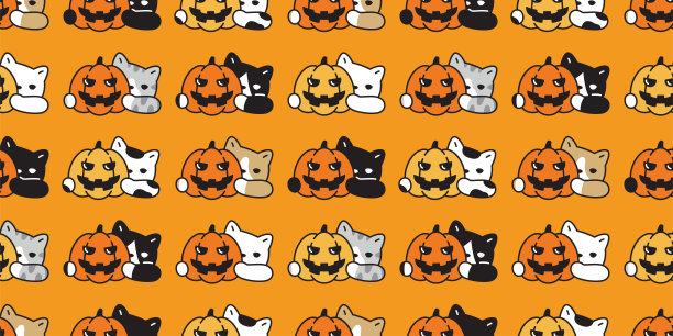 猫无缝图案南瓜万圣节印花布小猫矢量猫狗品种人物卡通宠物重复墙纸瓷砖背景动物涂鸦插画围巾孤立设计剪辑艺术图片下载