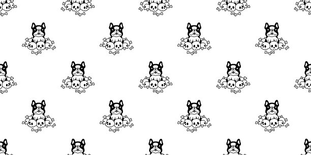 狗狗无缝图案法国斗牛犬头骨骨头万圣节矢量卡通幽灵小狗宠物瓷砖背景礼物包装纸围巾孤立重复墙纸涂鸦人物插画设计图片下载