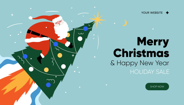圣诞假期网上销售横幅。圣诞老人坐在圣诞树火箭上飞行。贺卡，登陆页，横幅，海报图片下载