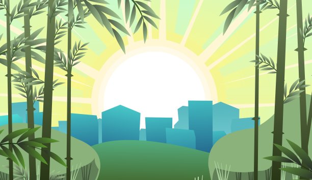 城市在远方的地平线上。热带竹林郊区。有摩天大楼和房子的城市景观。卡通趣味风格。平面设计。向量。图片下载