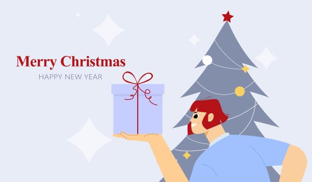 圣诞快乐，新年快乐。矢量插图。妇女持有目前的背景为聚会邀请卡，网站横幅，社交媒体横幅，营销材料图片下载