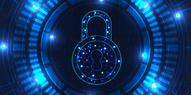 挂锁与钥匙孔图标在。个人数据安全说明网络数据或信息隐私的想法。蓝色抽象高速互联网技术图片下载