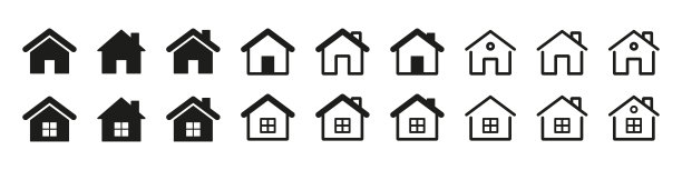 房屋图标合集：住宅建筑标志，房地产房屋logo，白色背景上的房屋线条矢量符号图片下载