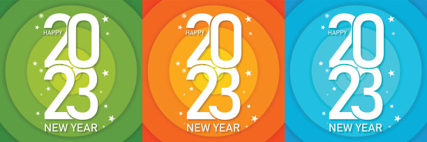 2023彩色新年海报套装。设计模板的庆祝和季节装饰使用字体标识2023。时尚的最小的背景品牌，横幅，封面图片下载