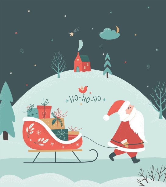 圣诞贺卡上有圣诞老人，礼品盒上有雪橇和冬夜风景。冬季仙境。平安夜的概念。复古矢量插图图片下载