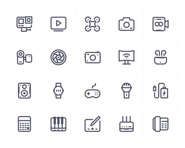 设备和多媒体线路图标设置。白色背景上的矢量插图。完美的200x200像素。图片下载