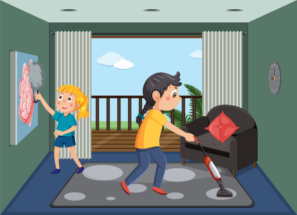 两个孩子在打扫客厅图片下载