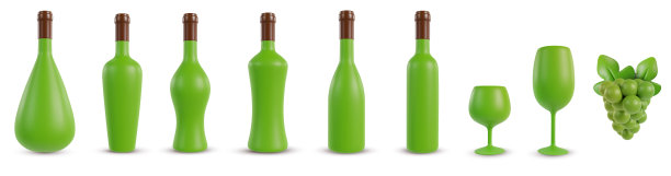 设置3d逼真的酒瓶为葡萄酒，或酒精各种形状的酒杯和葡萄在卡通的最小风格。将现代设计艺术元素隔离在白色背景上。矢量插图。图片下载