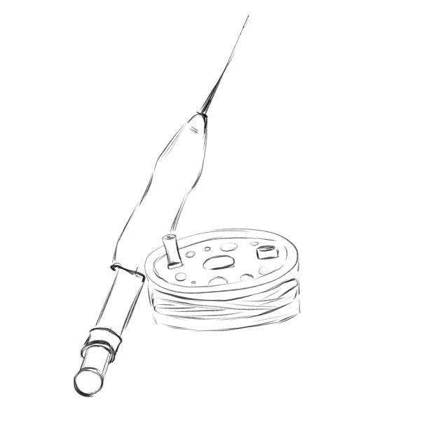 紧凑型小鱼竿与大卷轴，铅笔素描插图图片下载