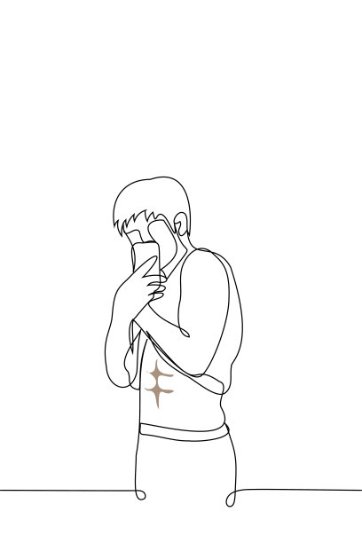 男子对着镜子里的手机摆姿势，展示他手臂和腹肌的肌肉——一条线画的矢量。男人的观念固定他在训练中的进步，照片为约会网站，炫耀身体图片下载