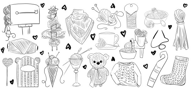 爱好针织用钩、线、针。与线艺术风格的元素设置。图片下载