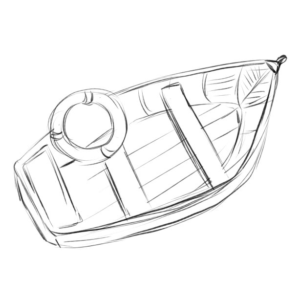 带救生圈和座椅的渔船，铅笔素描插图图片下载