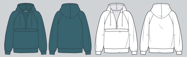 男女通用卫衣技术时尚插图。超大运动衫时尚平面技术图纸模板，套袖，拉链，口袋，前后视图，白色，绿色，女性，男性，男女通用cad模型集。图片下载