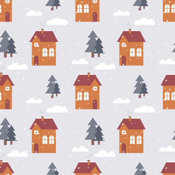 可爱的冬季无缝模式的房子与圣诞树和平坦的风格的雪。适合纸制品或服装印花图片下载