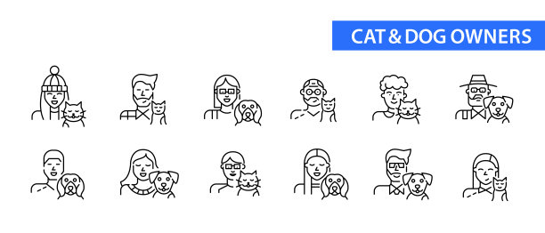 一套不同年龄的猫和狗的主人图标。像素完美，可编辑的笔画线设计图片下载
