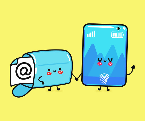 可爱，有趣的快乐智能手机和邮箱与电子邮件。矢量手绘卡通卡哇伊人物，插图图标。有趣的卡通智能手机和短信吉祥物人物概念图片下载