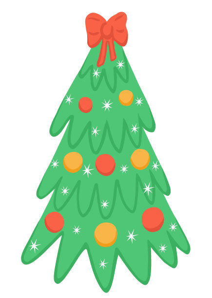 圣诞树上有红色的蝴蝶结和玩具。矢量卡通插画图片下载