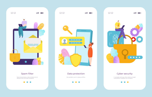 技术网页安全卡，个人网络数据保护垃圾邮件过滤器网站模板互联网页面平面矢量插图。图片下载