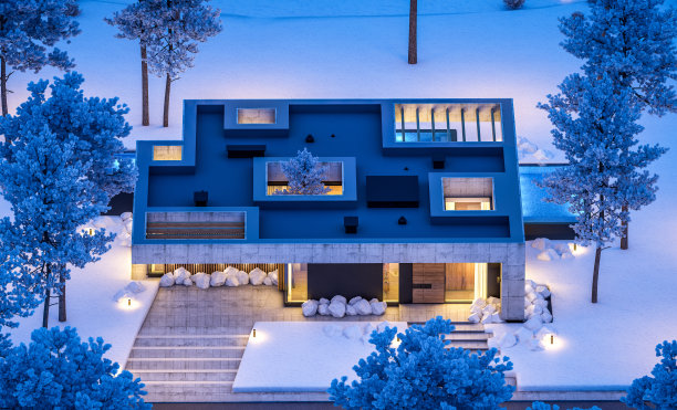 冬夜现代风格的新混凝土房屋三维效果图图片下载