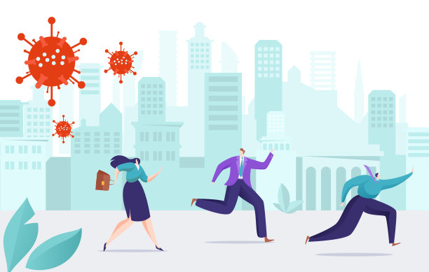 商人和女商人的角色一起从冠状病毒金融危机中跑出来，世界新冠肺炎大流行的平面矢量插画。图片下载