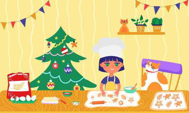 可爱的小朋友角色烹饪圣诞饼干，小女孩厨师准备糕点饼干平面矢量插画。图片下载