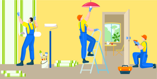 专业的劳动工作家庭维修，人们建造工人一起维护公寓房屋平矢插图。图片下载