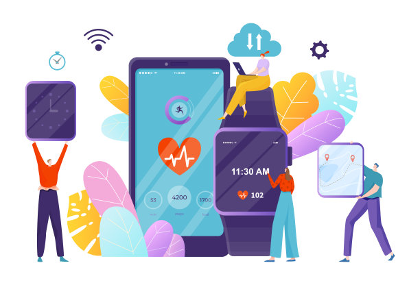 现代数字电子产品，健身智能手表和手机应用平面矢量插画，白色隔离。图片下载