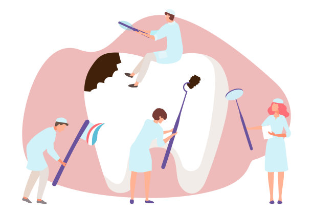 医疗牙科护理，微小的牙医字符组治疗人员一起治疗牙齿平面矢量插图，隔离在白色。图片下载