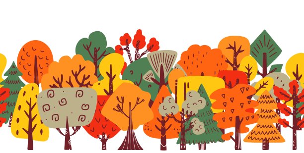 抽象涂鸦森林背景。树木桦树和橡树的形状，季节性的园林平面设计。装饰植物剪影近代矢量旗帜图片下载
