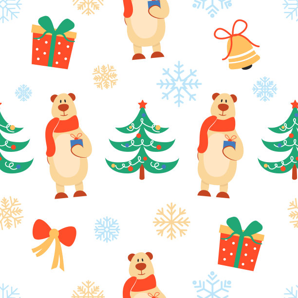 一个可爱的熊拿着礼物的圣诞图案。明亮的节日背景。插图。图片下载