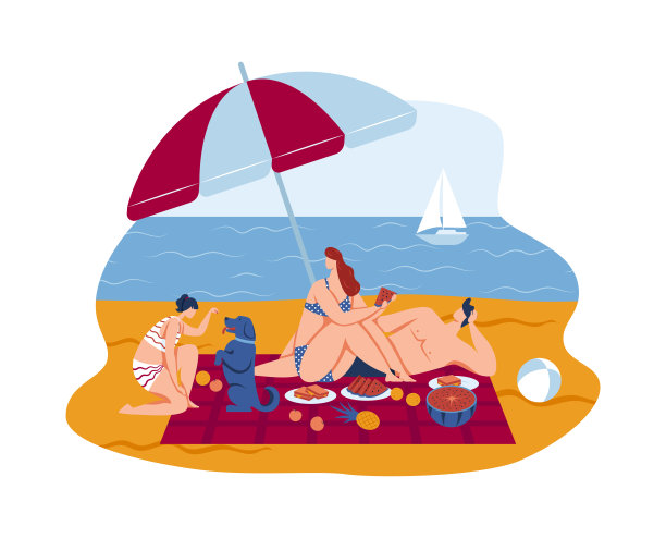 暑假出海，孤立上白矢插图。男人女人一家人在卡通海滩，度假的生活方式。图片下载