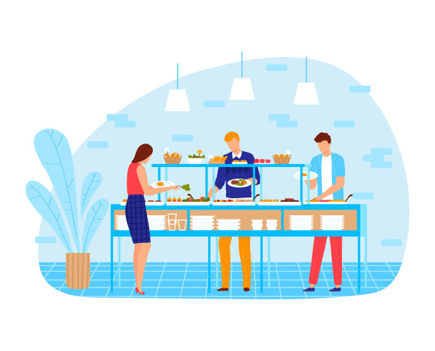 食堂的午餐食物为人的性格，矢量插画。咖啡厅营业室内，女男在餐厅柜台吃饭、喝酒。图片下载