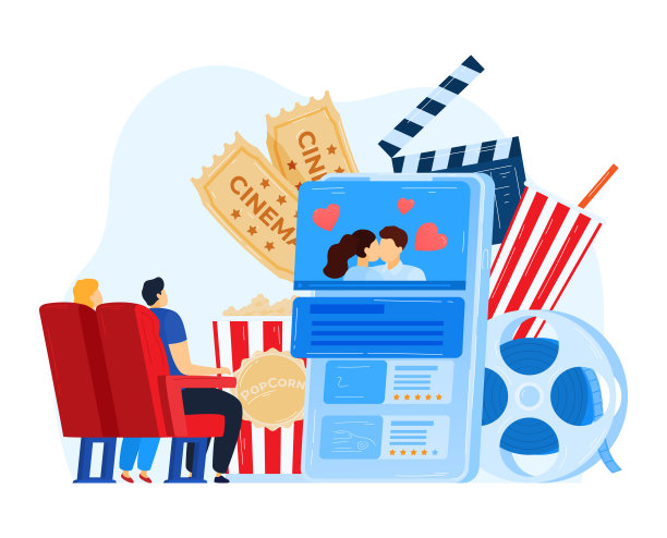 网上看电影，情侣用智能手机看电影，矢量插画。网络电影视频在屏幕上，娱乐移动影院技术。图片下载