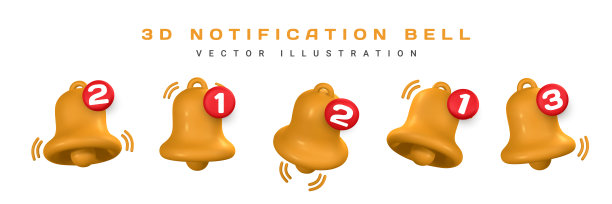 3d通知铃。可爱逼真的黄色铃声。矢量图图片下载