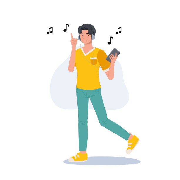 男士戴着耳机在手机上听音乐。平面矢量卡通人物插图图片下载